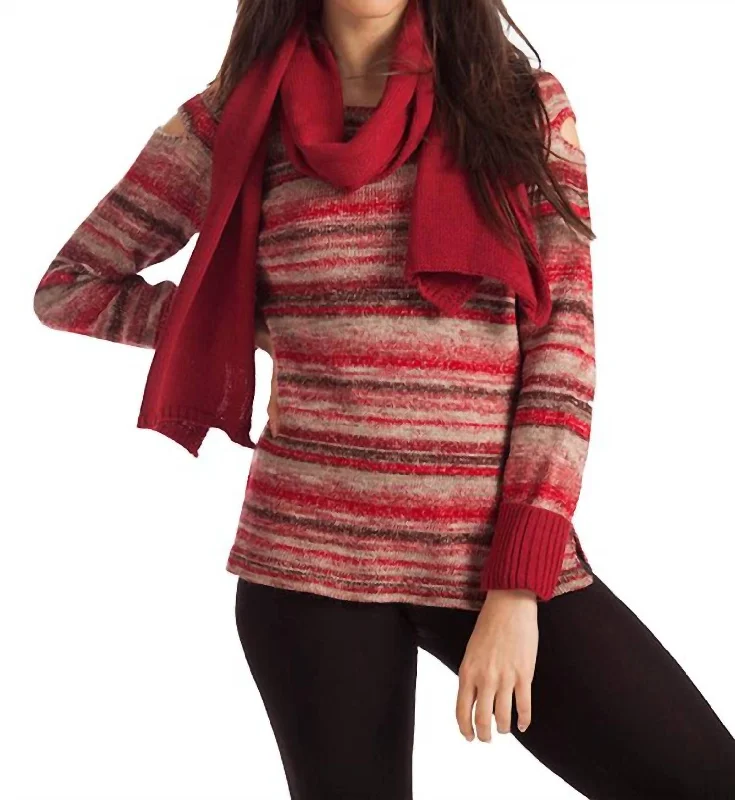 Stylish Clothes For Women Bethany Striped Sweater W/ Scarf In Red Multi