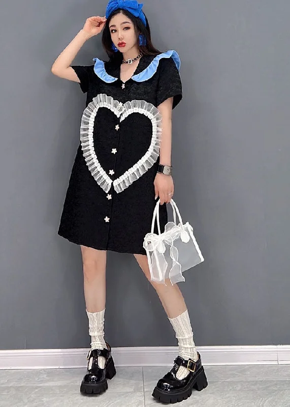 Trendy Athleisure Clothing For Women Cute Black Peter Pan Collar Love Tulle Patchwork Shirt Dress Short Sleeve