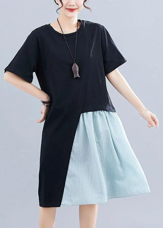 Women's High-Fashion Clothes Italian black cotton linen clothes For Women patchwork o neck baggy summer Dresses