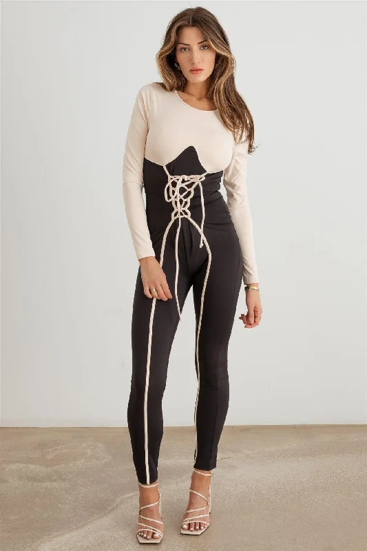 Special Offer Contrast Stitch Lace-Up Long Sleeve Jumpsuit /3-2-1