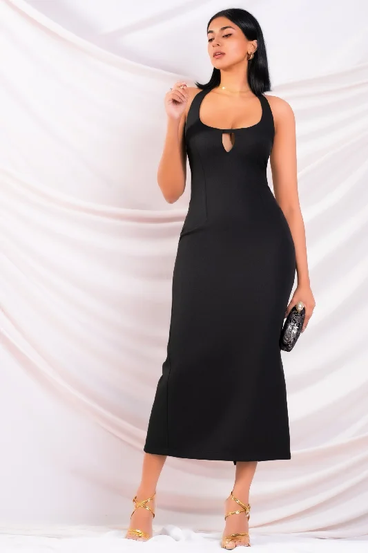 Comfortable Women's Clothes Black Halter Midi Dress