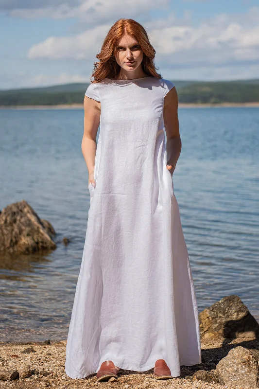 Affordable Women's Clothing Linen Maxi Dress with Cap Sleeves