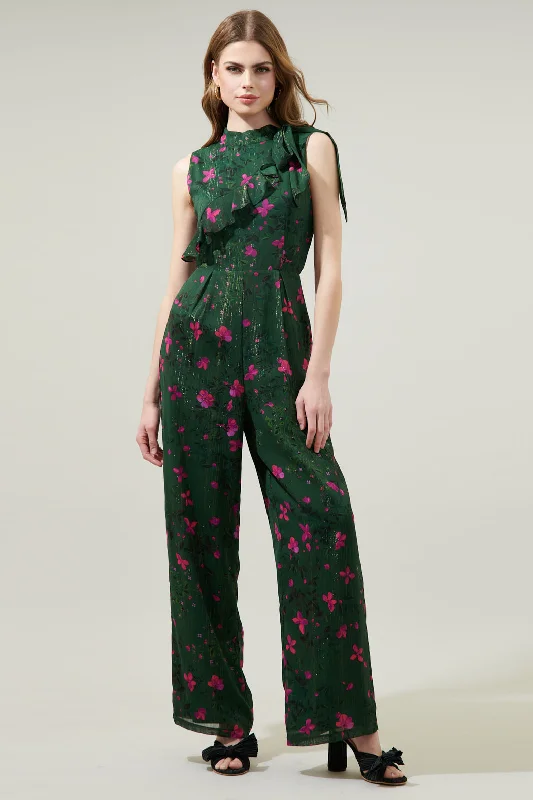 Women's Occasion Wear Clothes Juniper Floral Daring Demi Neck Tie Jumpsuit