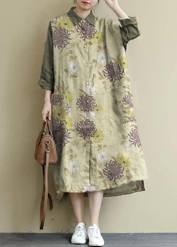 Women's Cozy Clothes green flower Linen Shirt Dress Casual Oversize Spring Maxi Dresses