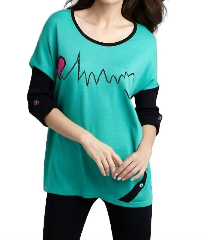 Women's Clothing For Everyday Wear Heartbeat Graphic Sweater In Teal/black