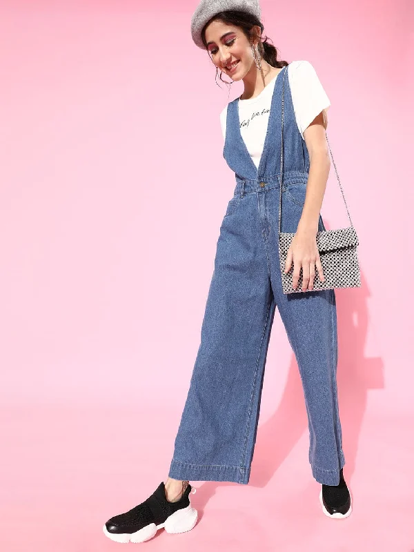 Modern Women's Clothes Blue Deep V-Neck Denim Flared Leg Jumpsuit