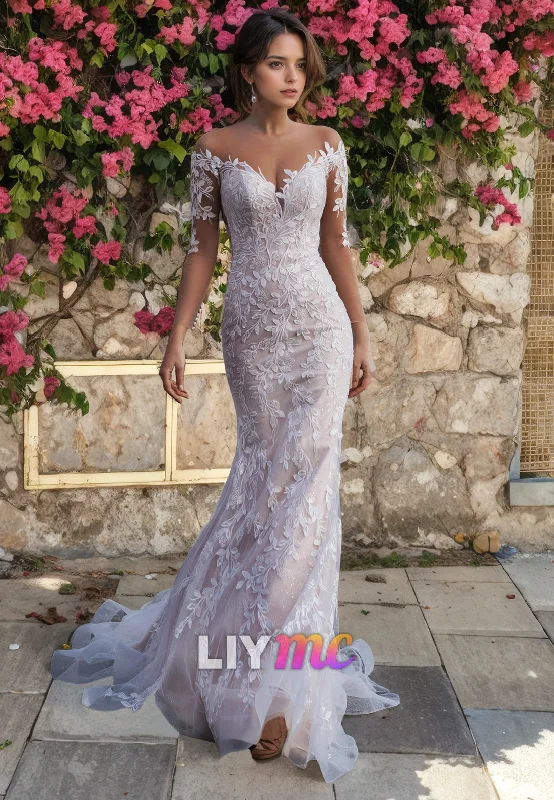 Affordable Women's Clothing LW325 - Illusion Neckline Long Sleeves Lace Mermaid Wedding Dress