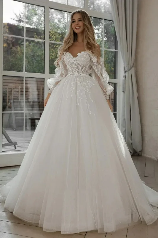 Luxury Women's Clothing Glitter Wedding Dresses Puff Sleeve Appliques Lace 3D Flowers off Shoulder Tulle Boho Bride Gown 2021 vestidos de novia