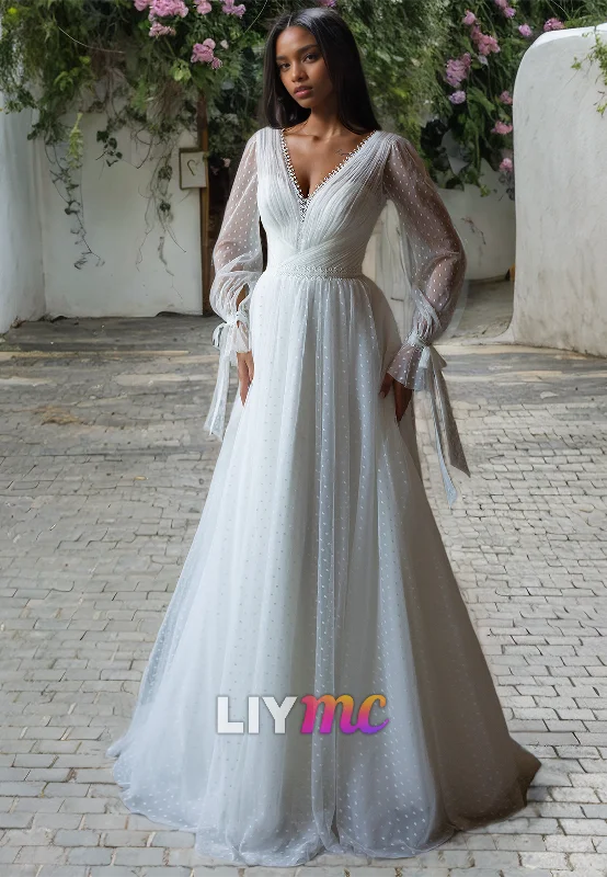 Luxury Women's Clothing V-Neck Long Sleeves A-Line Pleated Wedding Dress