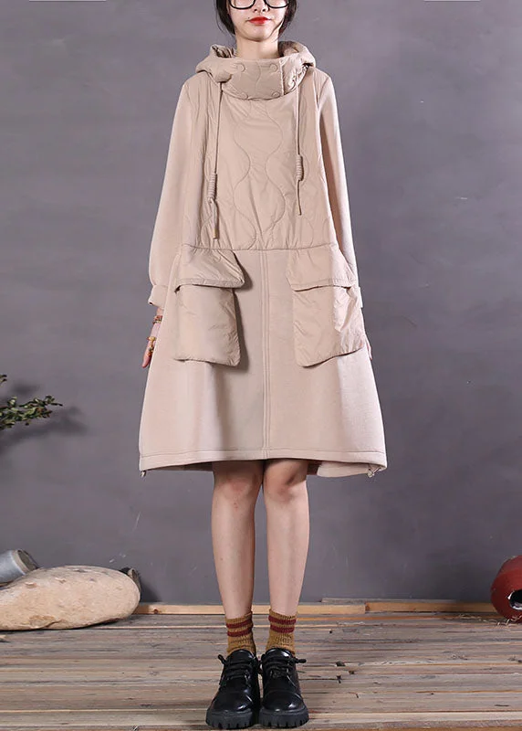 Casual Chic Clothing For Women Elegant Beige Hooded Patchwork Fine Cotton Filled dress Winter