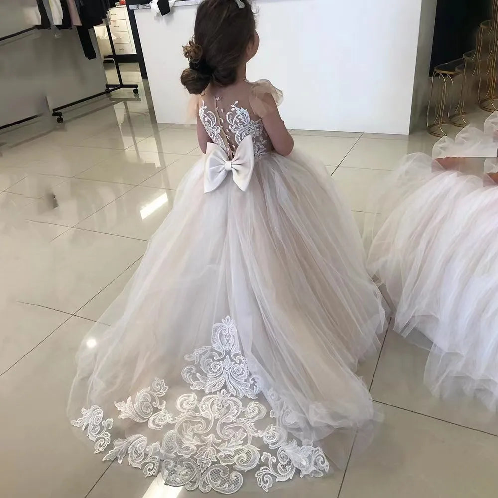 Women's Holiday Clothes Wedding Party Dresses Flower Girl Dress Ball Gown Kids Pageant Big Bow Long Sleeves Champagne Child Bride Dresses Vestidos Novia