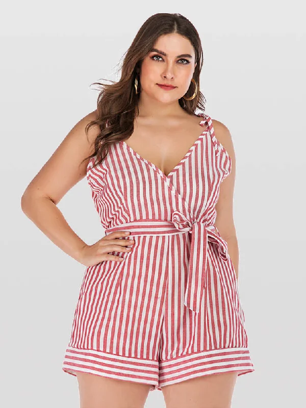 Earthy Tones Plus Pink Crisscross Striped V-Neck Knot Side Romper