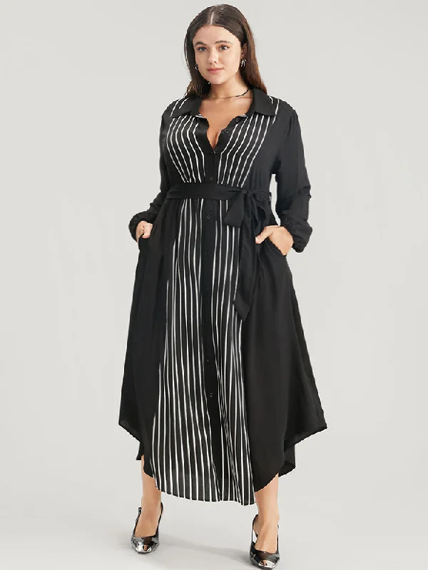 Limited Time Offers Striped Contrast Pocket Button Detail Belted Dress