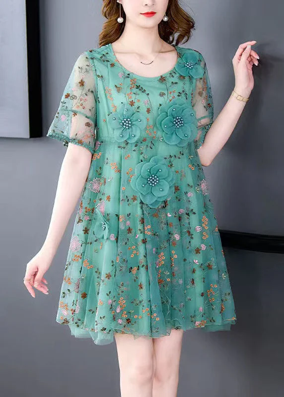 Exclusive Designer Collection Italian Green O Neck Embroidered Tulle Mid Dress Summer Exclusive Designer Collection Italian Green O Neck Embroidered Tulle Mid Dress Summer