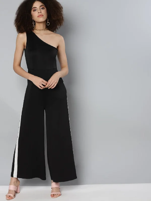 Women's Casual Wear Clothes Black Scuba Tape Detail One Shoulder Jumpsuit