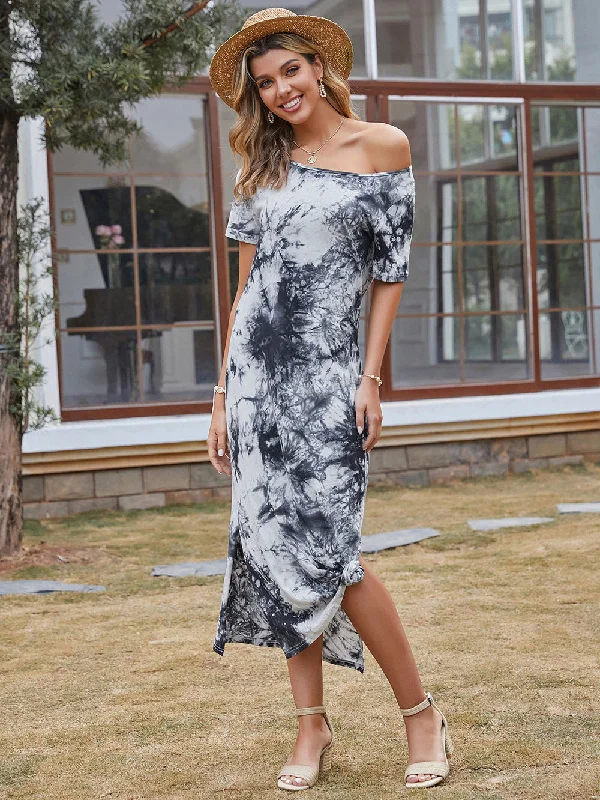 Luxury Women's Clothes KittenAlarm - Women's Mid-length A-line Skirt Off-the-shoulder Ink Print Dress