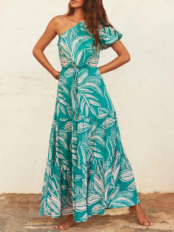 Comfortable Lounge Clothing Palm Leaf Print Off-Shoulder Graceful Holiday Style Floral Dress