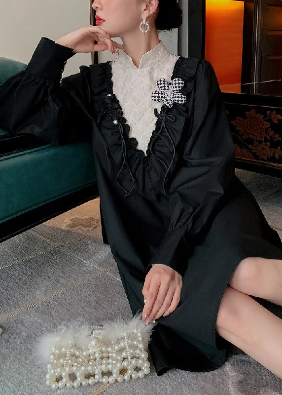 Women's Fashion Clothing Classy Black Stand Collar Patchwork Bow Cotton Mid Dresses Long Sleeve Women's Fashion Clothing Classy Black Stand Collar Patchwork Bow Cotton Mid Dresses Long Sleeve