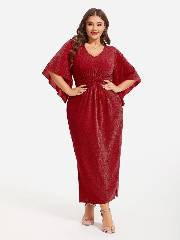 Fashionable Women's Clothing Flare Sleeve Ruched Waist Glitter Maxi Dress