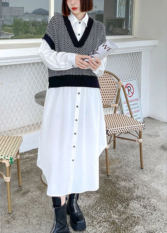 Women's Party Clothes Style Black Patchwork White Button Loose Fall Dresses Long sleeve