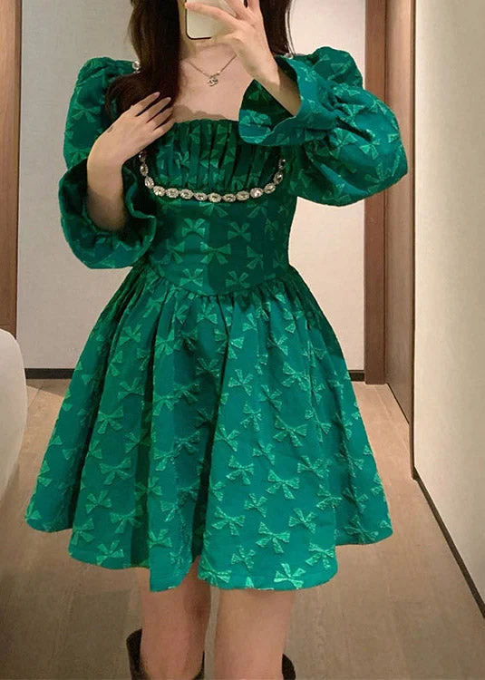 Vibrant Femme Fashion Fine Green Square Collar Embroideried Tunic Mid Dress Long Sleeve Vibrant Femme Fashion Fine Green Square Collar Embroideried Tunic Mid Dress Long Sleeve