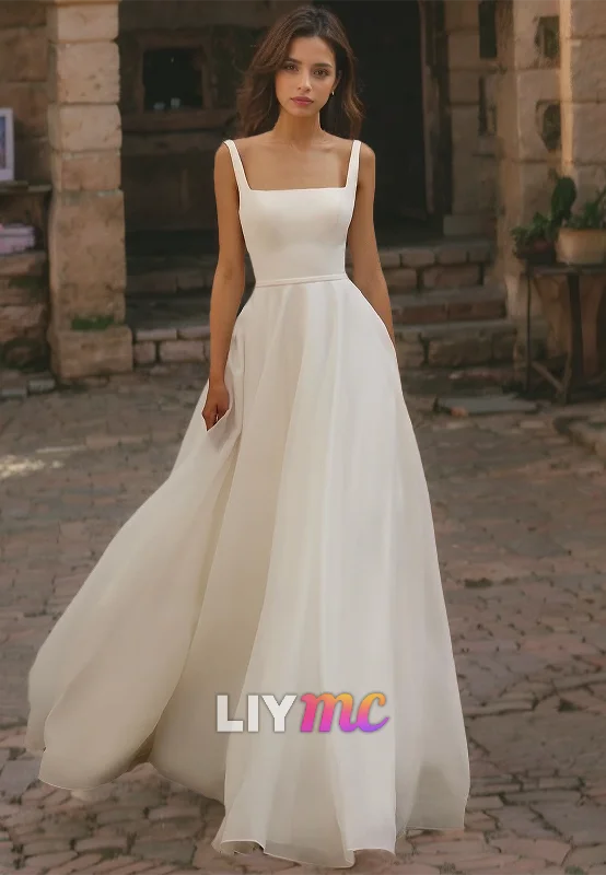 Vintage-Inspired Women's Clothes Square Sleeveless Straps Pleated A-Line Wedding Dress