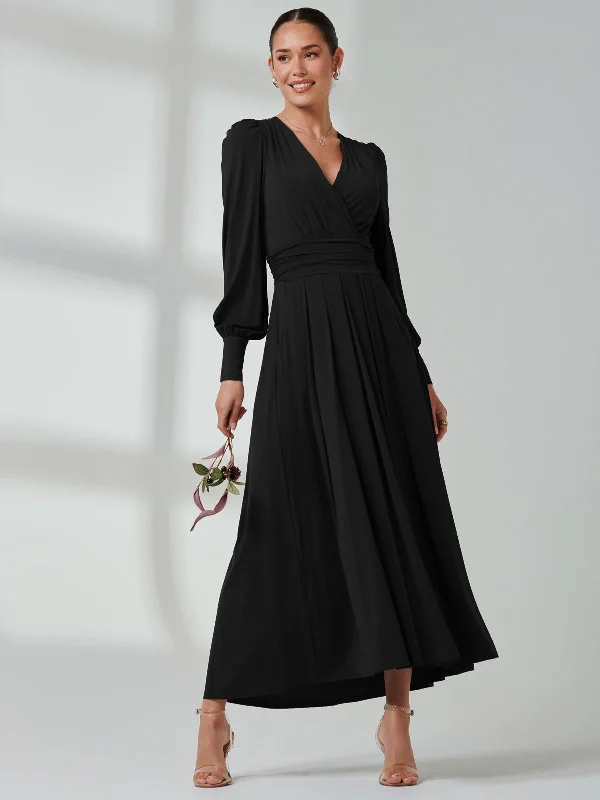 Charming Everyday Clothing For Women Long Sleeve Soft Silky Jersey Maxi Dress, Black