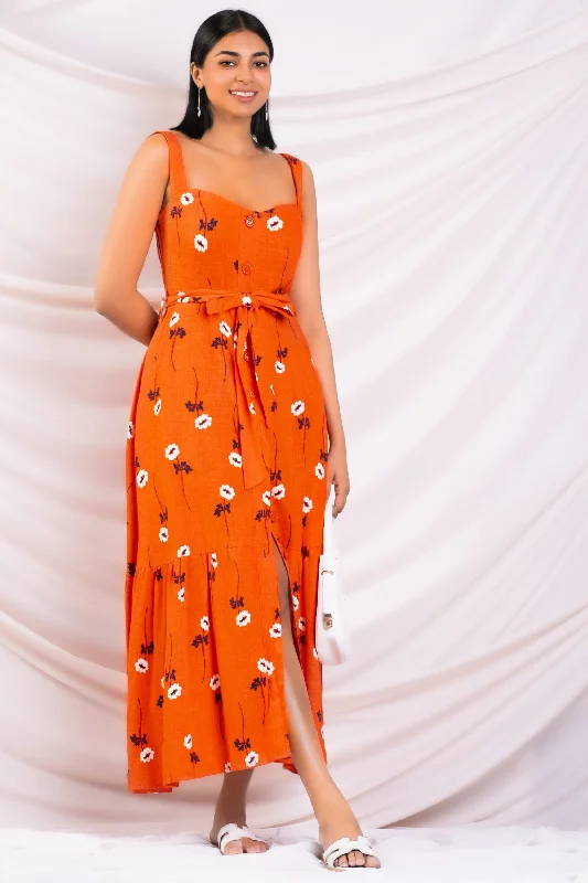 Women's Elegant Clothes Orange Printed Sun Dress