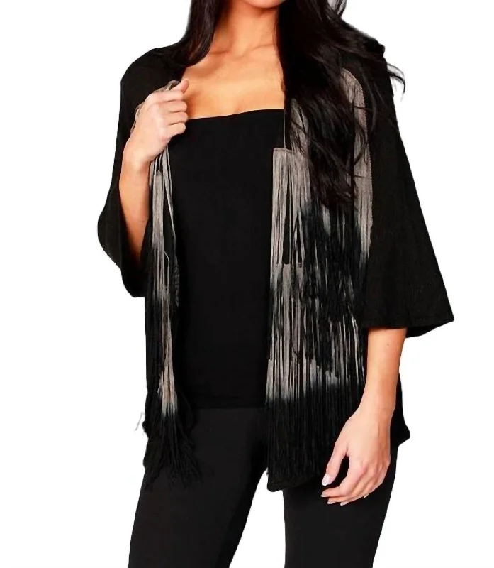 Women's Vintage Clothes Layered Fringe Cardigan In Black/taupe