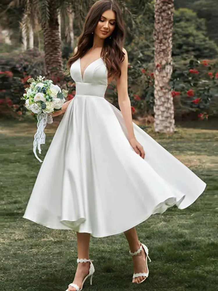 Tailored Clothing For Women Simple Short Wedding Dress For Women New Civil A Line V Neck Spaghetti Straps Bridal Gown Tea-Length Robe De Mariee