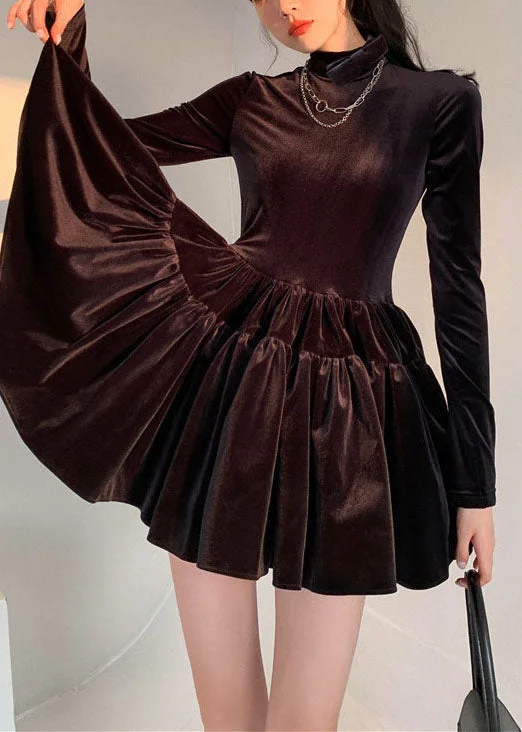 Bundle Offer French Black Hign Neck Wrinkled Patchwork Silk Velour Dress Spring