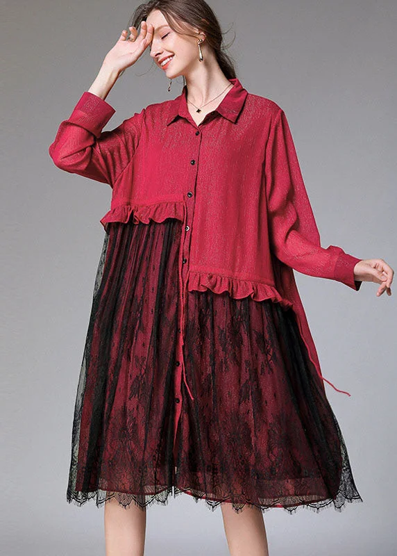 Trendy Women's Collection Classy Mulberry Peter Pan Collar Lace Patchwork Chiffon Mid Dress Spring Trendy Women's Collection Classy Mulberry Peter Pan Collar Lace Patchwork Chiffon Mid Dress Spring