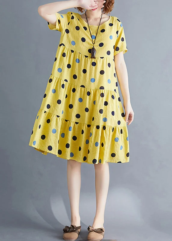 Chic Women's Outfit Ideas Art Yellow Dot Print Patchwork Holiday Mid Dress Short Sleeve Chic Women's Outfit Ideas Art Yellow Dot Print Patchwork Holiday Mid Dress Short Sleeve