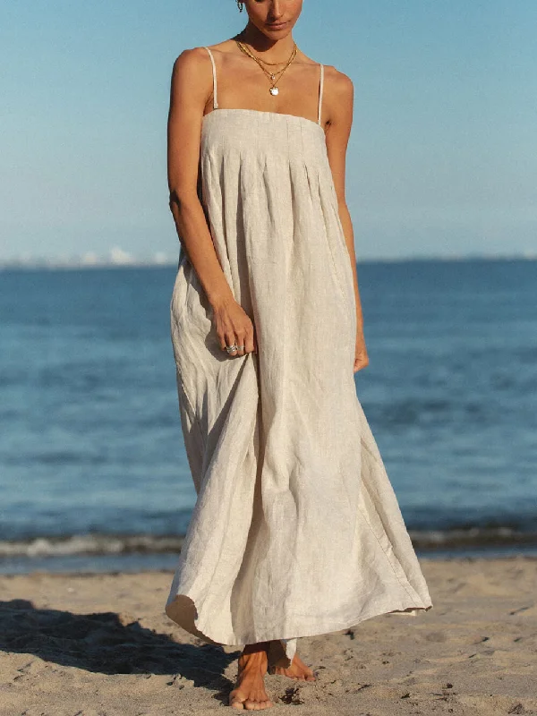 Affordable Women's Clothing Offshore Pleated Strappy Charming Linen Maxi Dress