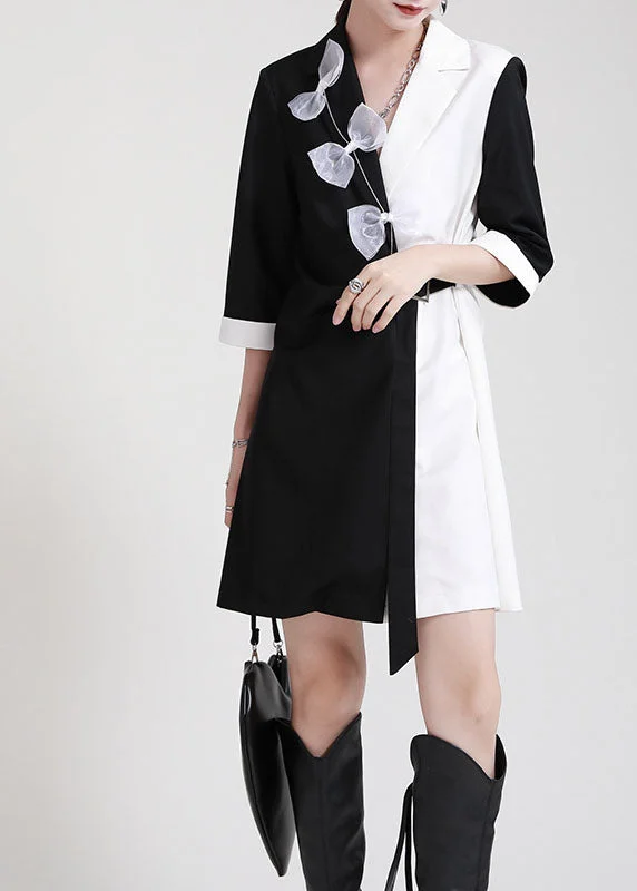 Affordable Women's Clothing DIY Black White Patchwork PeterPan Collar Bow Sashes Fall Dress Half Sleeve