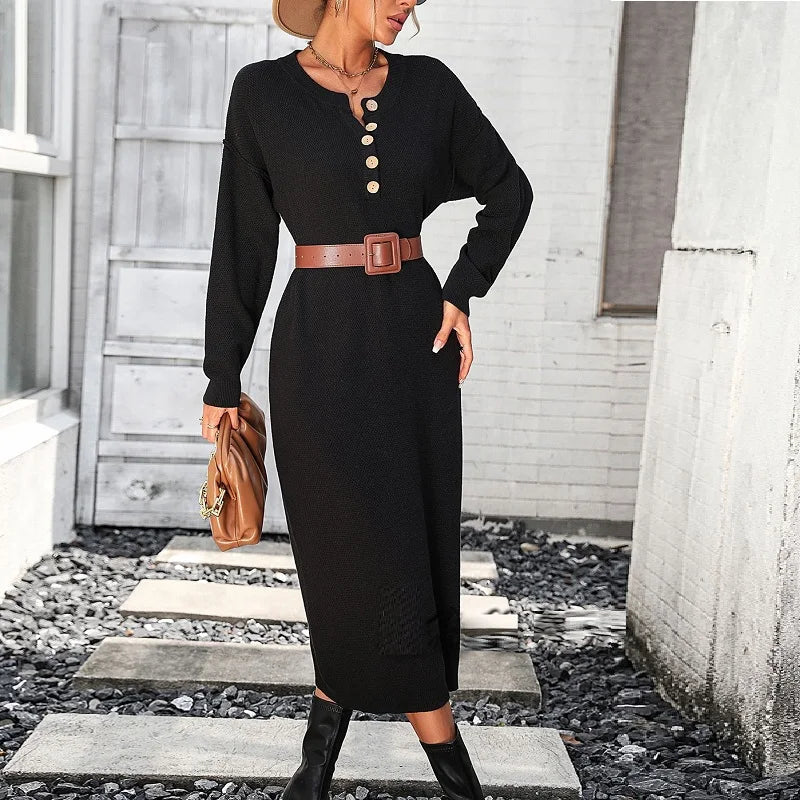 Affordable Women's Clothes Casual Loose Knitted Sweater Button Solid Autumn/Winter Midi Dress