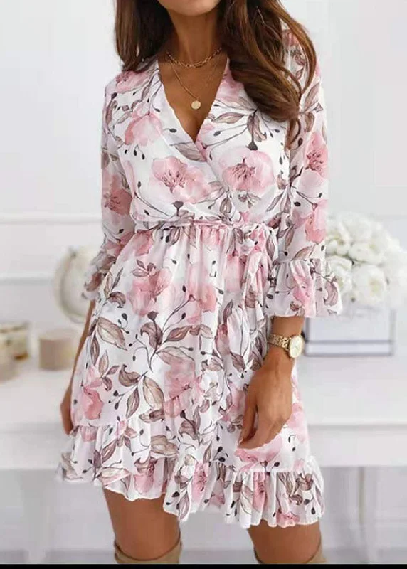 Women's Clothes For Work French White V Neck Asymmetrical Design Ruffles Print Chiffon Dress Bracelet Sleeve