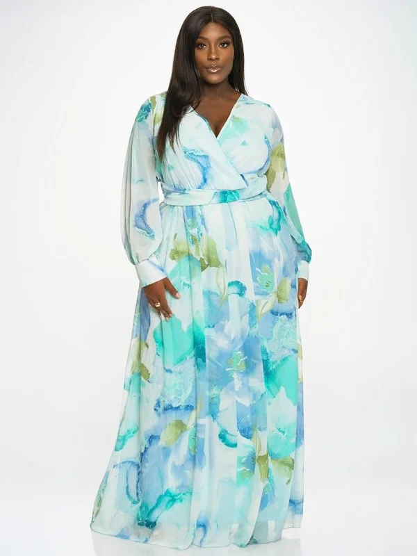 Women's High-End Clothing Abigail Plus Size Chiffon Maxi Dress in Aqua Floral