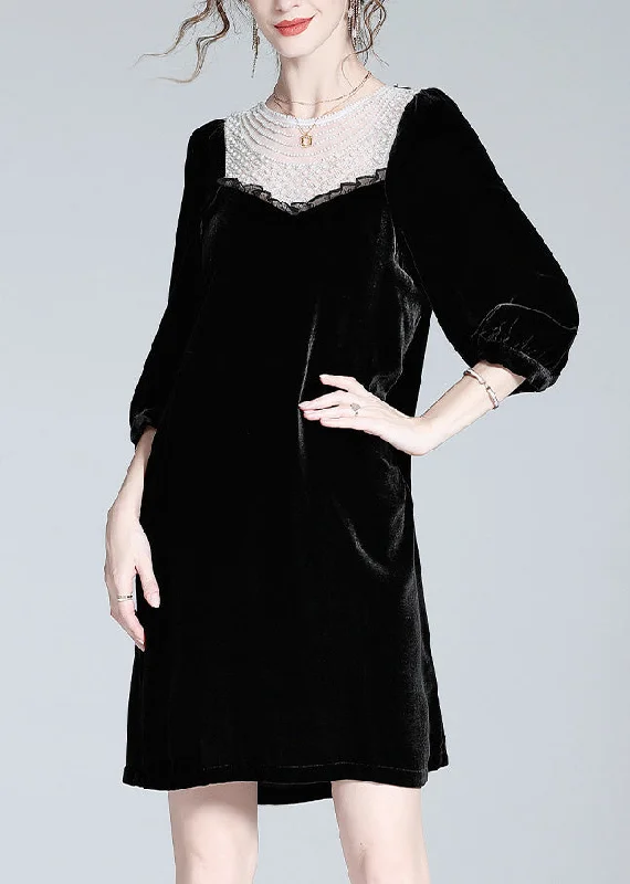Versatile Wardrobe Essentials Fine Black O-Neck Lace Patchwork Velour Mid Dress Spring Versatile Wardrobe Essentials Fine Black O-Neck Lace Patchwork Velour Mid Dress Spring