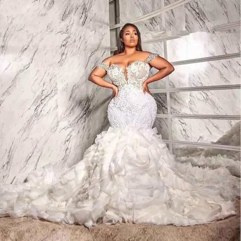 Women's Office Clothing Luxury Mermaid Wedding Dress with Ruffle Train South Africa Lace Appliques Crystals Beaded Plus Size Bridal Gowns Custom Made