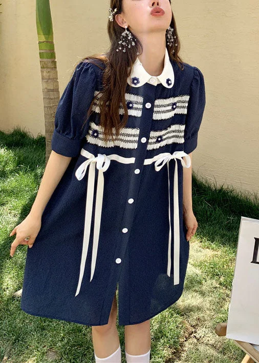 Women's Cozy Clothes Boho Navy Bow Button Patchwork Nail bead Fall Short Sleeve Dresses