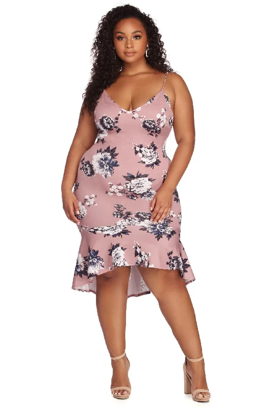 Women's Fashionable Clothing Sets Plus Flow With Charming Floral Midi Dress