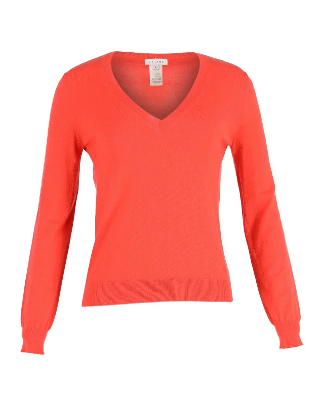 Fashionable Women's Clothing Celine V-Neck Sweater in Orange Cashmere