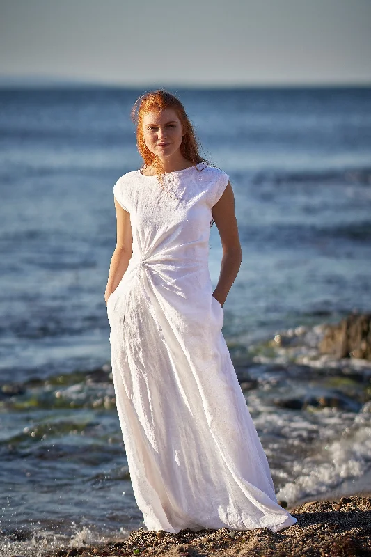 Affordable Women's Clothing Long Linen Dress with Ruched Waist