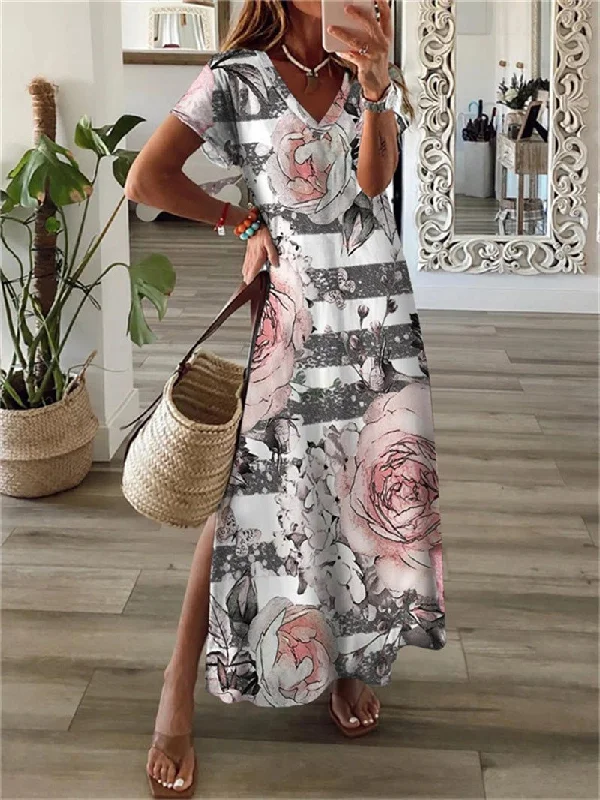 Tailored Clothing For Women Printed V-Neck Short Sleeve Slit Dress