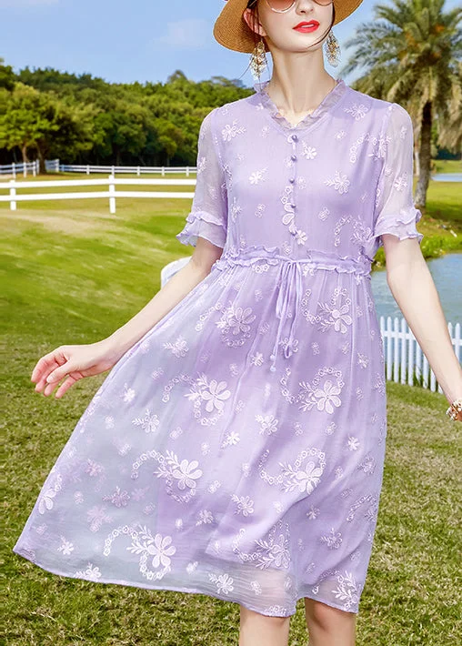 Women's Clothes For Work Events Unique Purple Ruffled Embroideried Button Silk Dresses Short Sleeve