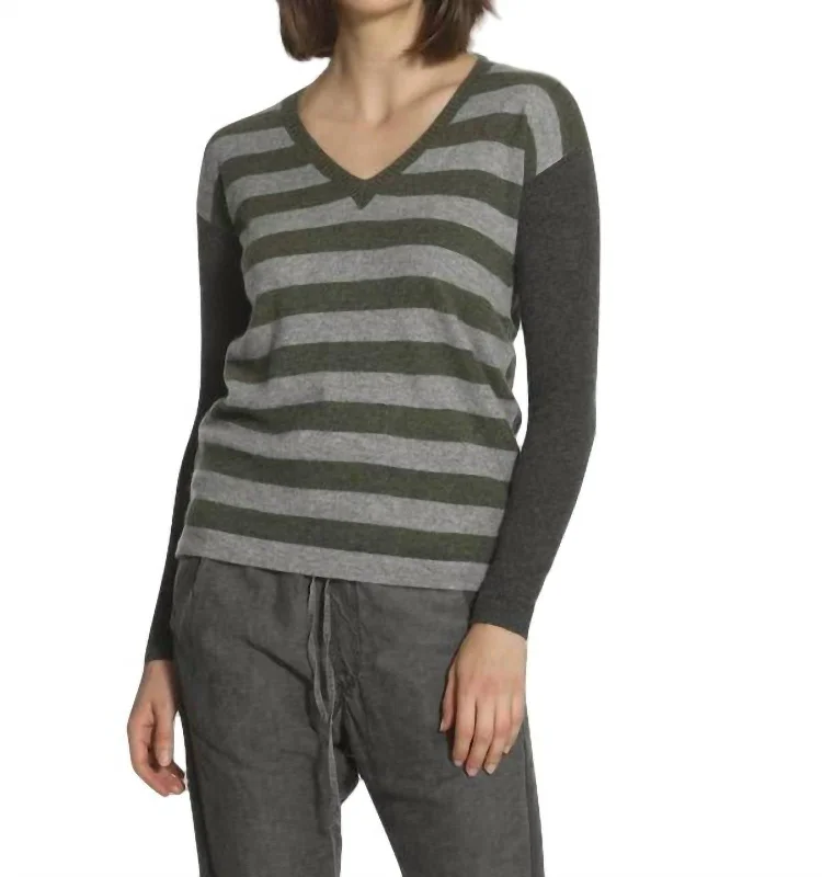 Women's Clothing With Trendy Designs Luxe Stripe V-Neck Pullover In Grey/army/charcoal