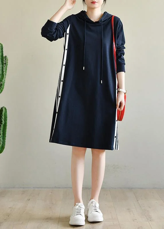 Women's Clothing For Outdoor Activities Plus Size Navy Patchwork Cotton hooded Dresses