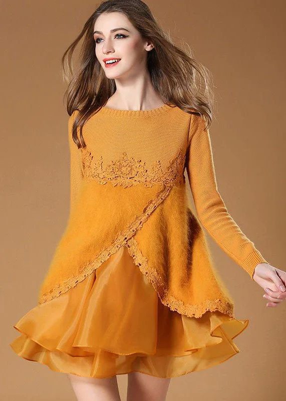 Fashion Forward Femme Elegant Yellow Side Open Organza Patchwork Fuzzy Fur Fluffy Mini Dresses Spring Fashion Forward Femme Elegant Yellow Side Open Organza Patchwork Fuzzy Fur Fluffy Mini Dresses Spring