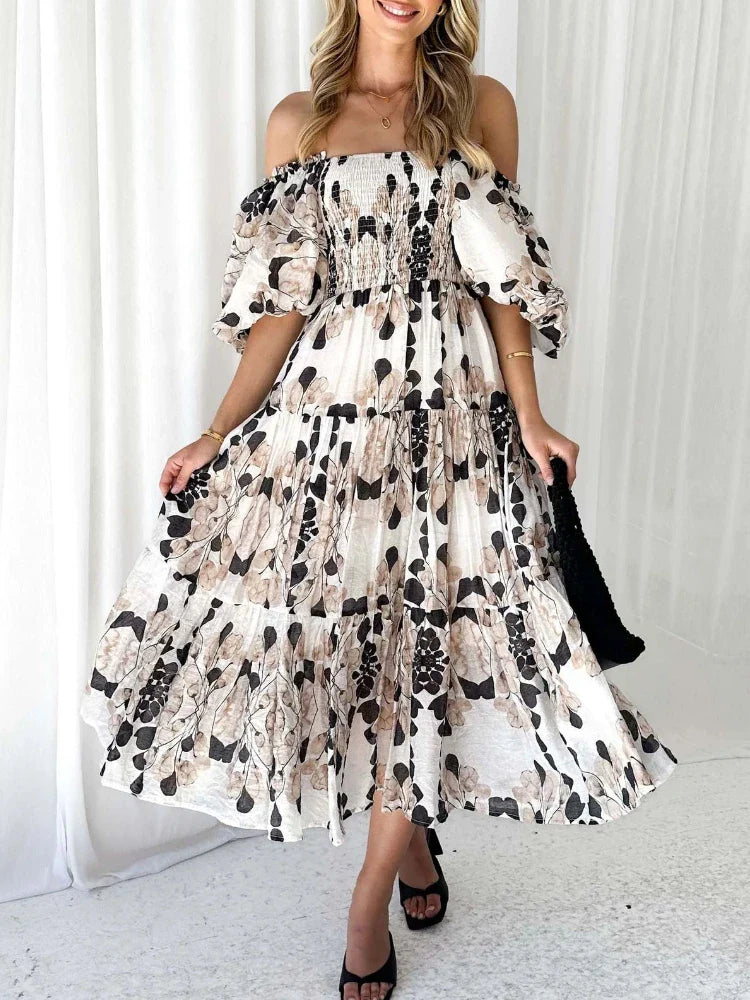 Fashionable Women's Clothes Summer Elegant Printed Women Backless Slash Neck Elastic High Waist Puff Sleeve Maxi Dress